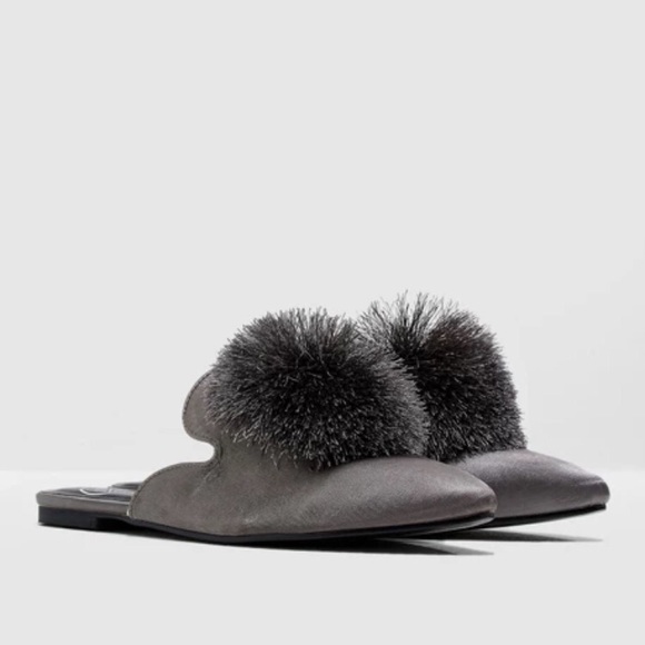 COCO Shoes Pom Pom Gray Satin Slip On Mules Poshmark COCO Shoes Pom Pom Gray Satin Slip On Mules Poshmark
